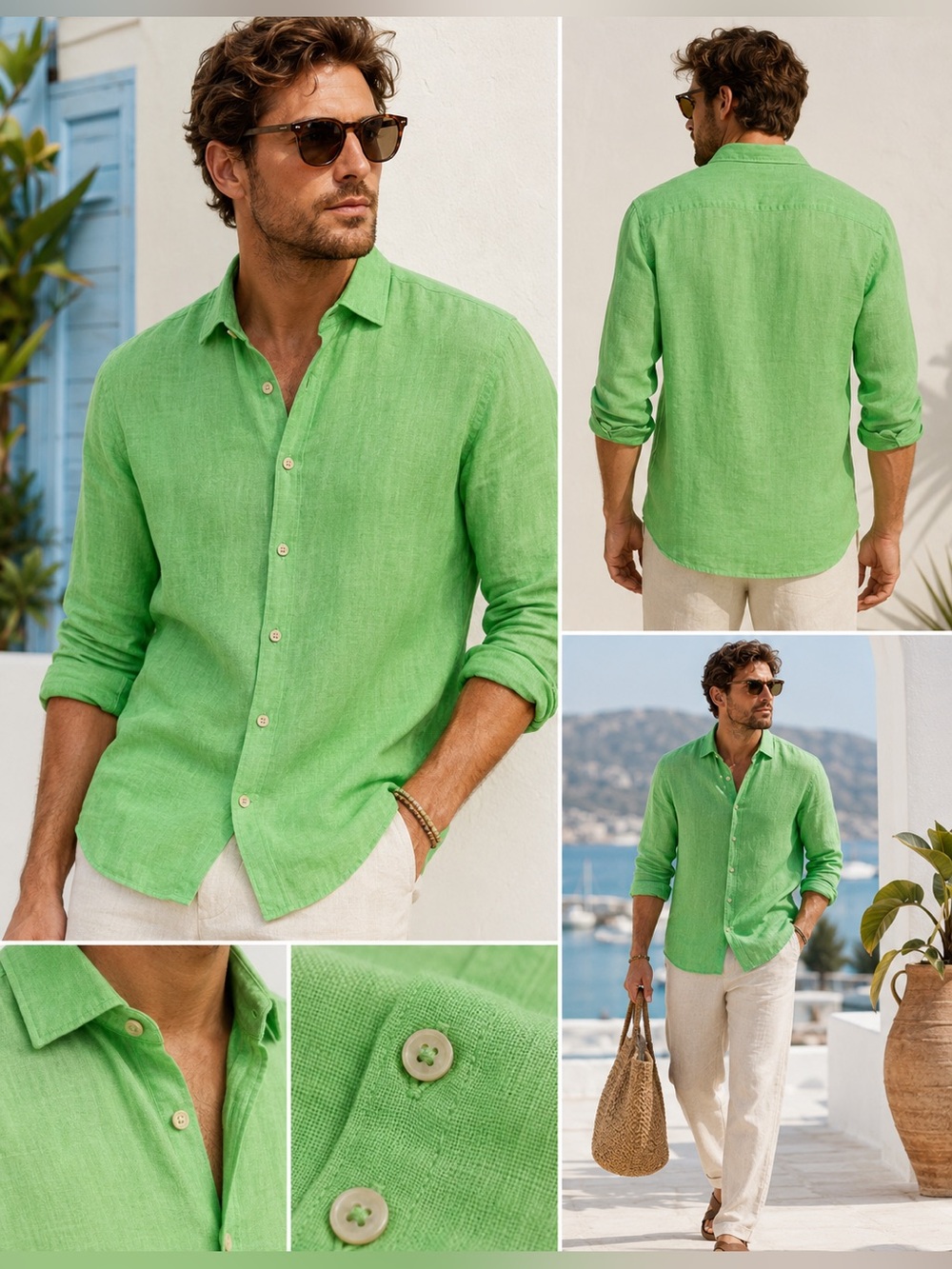 MC2 Saint Barth 100% Linen Button Up Shirt Green Italian Resort Beach Men’s M